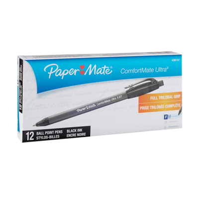 Paper Mate Comfortmate Ultra Retractable Ballpoint Pens, Fine Point, 0.8 Mm, Black Barrel, Black Ink, Pack Of 12