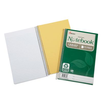 Skilcraft Spiral Notebook, 6" X 9-1/2", 3 Subject, College Rule, 150 Sheets, 100% Recycled, Green, Pack Of 3