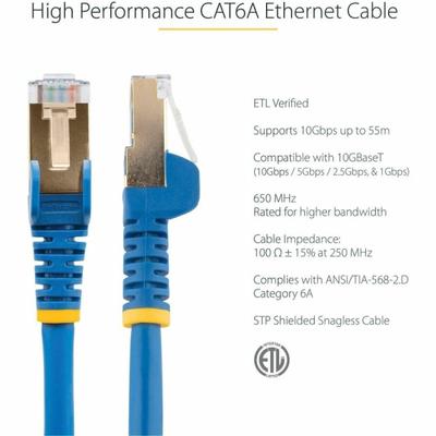 Startech.com 30 Ft Blue Cat6A Shielded Patch Cable - Cat6A Ethernet Cable - 30 Ft Cat 6A Stp Cable - Snagless Rj45 - Long Ethernet Cord