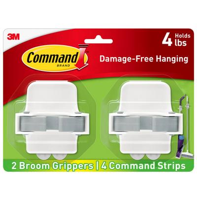 Command Broom Gripper, 2 Broom Gripper Hooks, 4 White Adhesive Strips, Damage Free Hanging Picture Hangers, No Tools Wall Hanging Strips