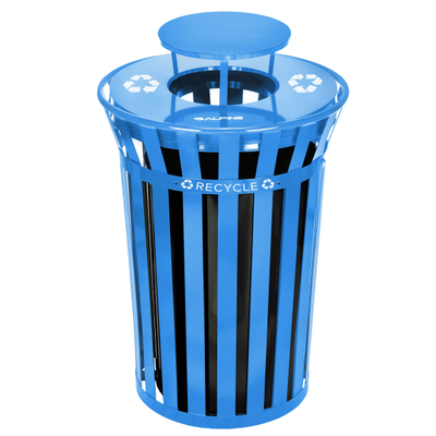 Alpine Industries Metal Slatted Outdoor Commercial Trash Can Receptacle With Rain Bonnet Lid And Liner, 38 Gallons, Blue