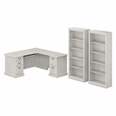 Bush Business Furniture Saratoga 66"w L-Shaped Corner Desk And Bookcase Set, Linen White Oak, Standard Delivery
