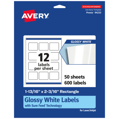 Avery Glossy Permanent Labels With Sure Feed 94233-Wgp50, Rectangle, 1-13/16