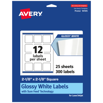 Avery Glossy Permanent Labels With Sure Feed 94105-Wgp25, Square, 2-1/8