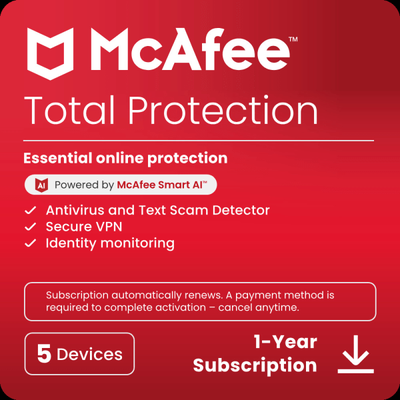 Mcafee Total Protection Antivirus & Internet Security Software, For 5 Devices, 1-Year Subscription Auto-Renewal, Product Key