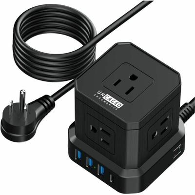 Uncaged Ergonomics Cube Surge Protector Power Strip with usb ports 10 ft extension cord with multiple outlets Black