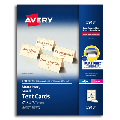 Avery Printable Small Tent Cards With Sure Feed Technology, For Laser Or Inkjet Printers, 2" X 3.5", Ivory, 160 Blank Place Cards