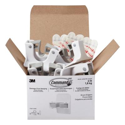 Command Broom And Mop Grippers Wall Hook, 6-Command Hangers, 8-Pairs (16-Command Strips), For Dorm Room Mops And Brooms, White