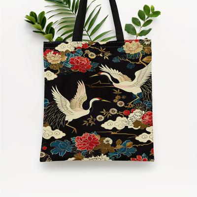 TEMU Japanese-inspired Tote Bag With Crane And Floral Print, No Closure, Unlined, Reusable Shopping Bag (1pc) Image