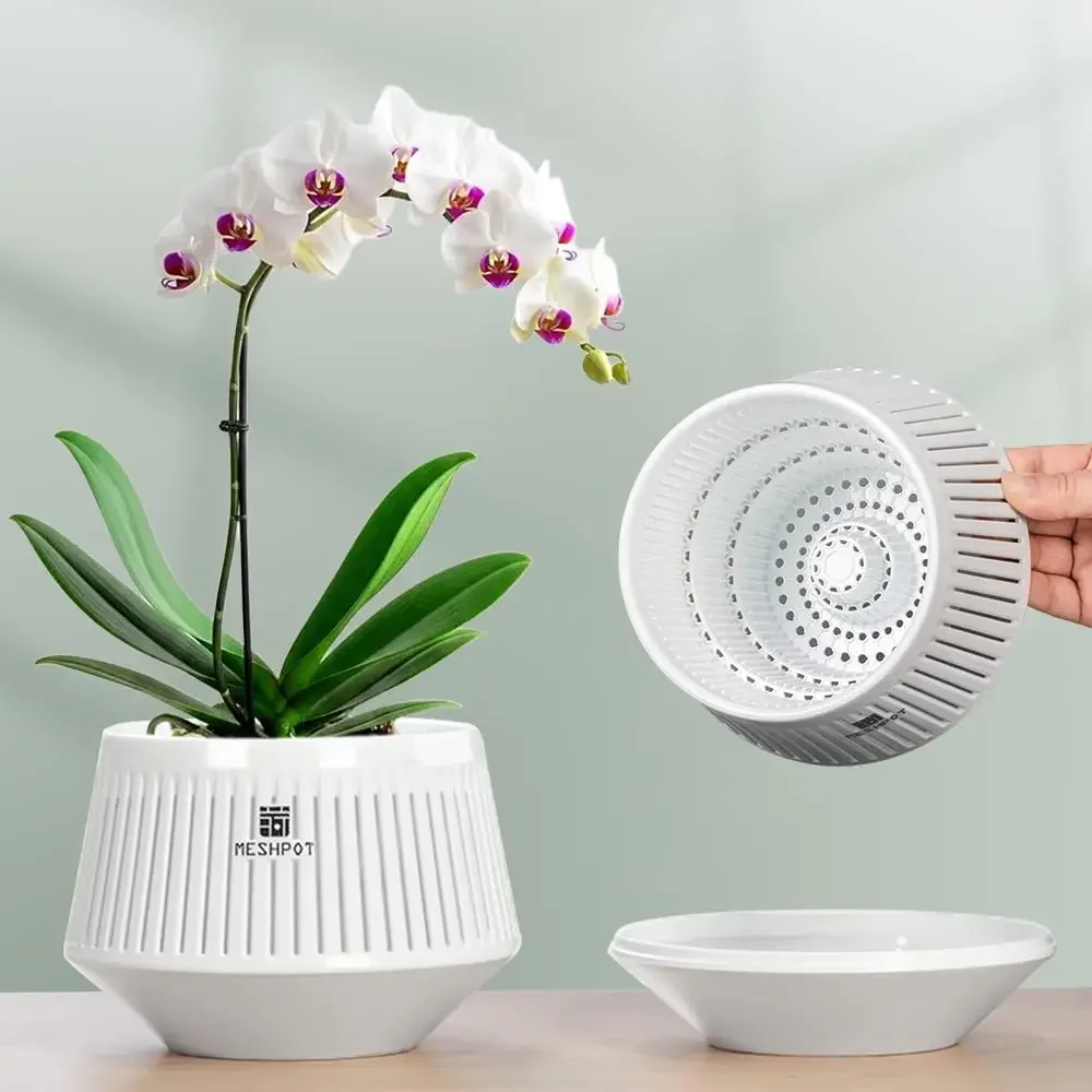 Meshpot Orchidentopf mit Löchern, 5-Zoll-Orchideenpflanzgefäß mit Entwässerungslöchern und Tablett zur Förderung der Luftzirkulation und Entwässerung Image