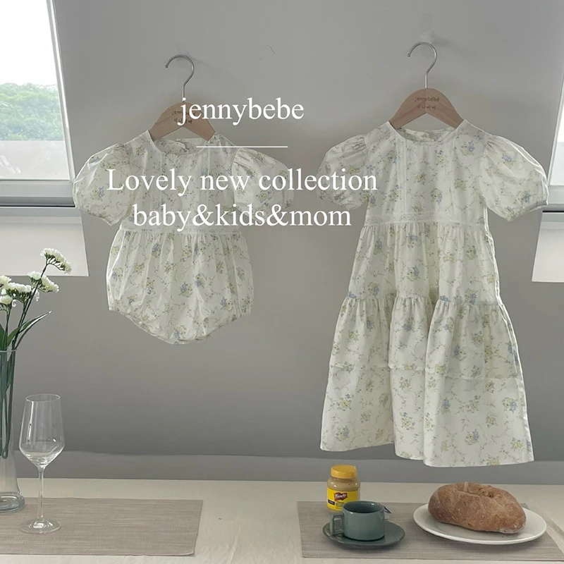 Mädchen Blumen Spitze Kleid Rüschen Baby Stram pler Kleid Sommer Kinder Kurzarm Strand kleider Kleinkind Bodysuit Schwester Familie Kleidung Image