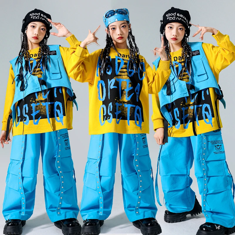 Hip Hop Mädchen Kostüm Street Dance Bühne Outfit Kinder Jazz Dance Kleidung Mode Oversize Tops Hosen Blau Gelb Streetwear 1207