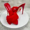 Designer Mode Sommer 12 cm Sexy Spitze Zehen Pelz Rot Party Sandalen für Frauen High Heel Damen Einfache Halbe Hausschuhe hochzeit schuh