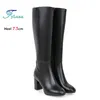 Plus Größe 48, Karree, kniehohe Stiefel, Damen, seitlicher Reißverschluss, Winter, warme lange Schuhe, Komfort, dicker Absatz, 7,5 cm, schwarze Lederstiefel