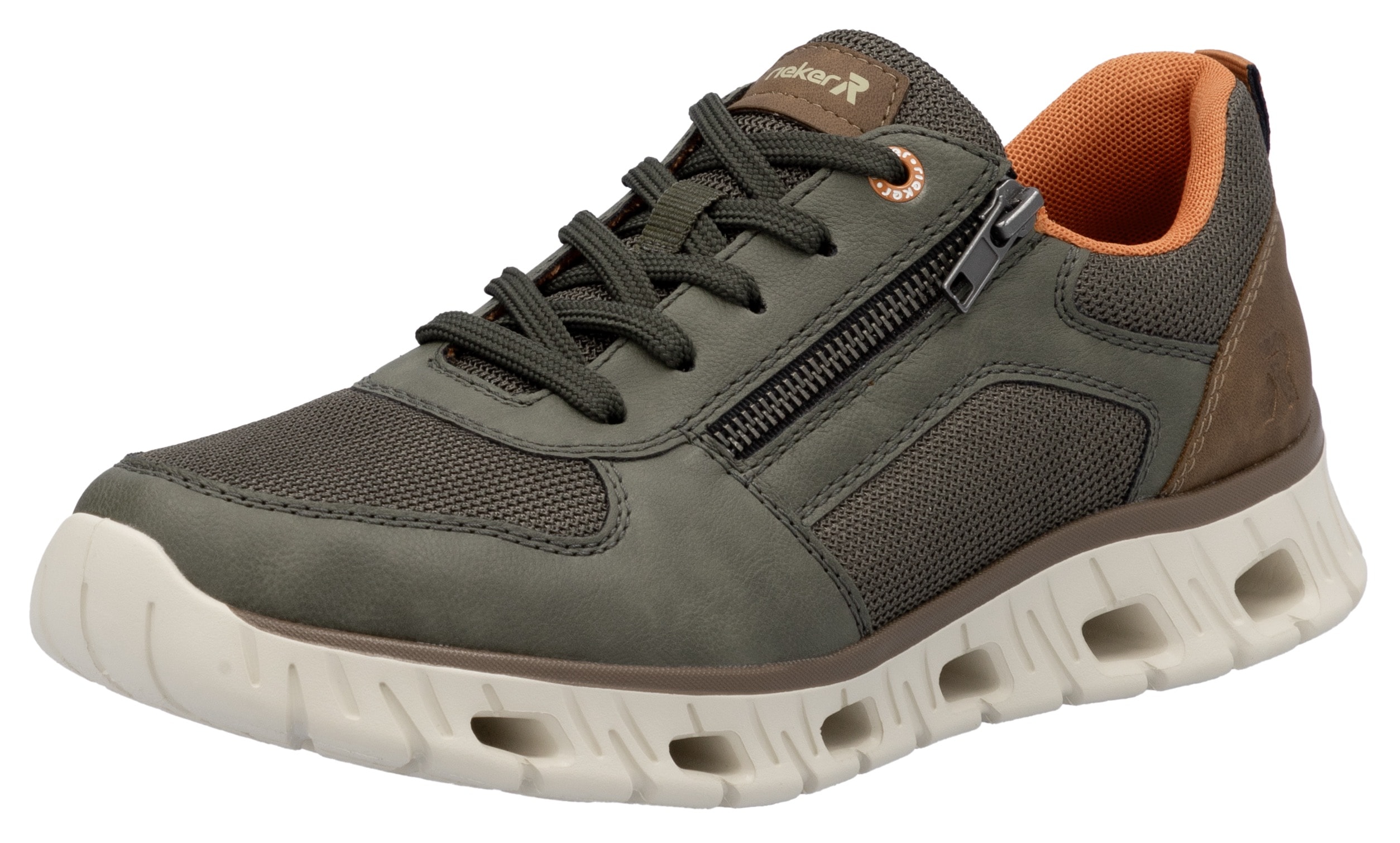 Sneaker RIEKER SPORT, Herren, Gr. 41, grün (oliv, braun), Lederimitat, Textil, Schuhe Sneaker, Schnürschuh, Freizeitschuh, Halbschuh mit Reißverschluss