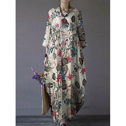Damen Maxikleid Baumwoll Mischung Shiftkleid Freizeitkleid Basic Lässig Täglich Urlaub Normale Passform Blumen Langarm Rundhalsausschnitt Magenta Marineblau Orange Sommer Image