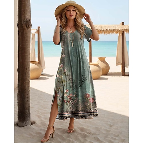 Abito Maxi da Donna Abito Casual Abito T-Shirt Abito Tee Abito da Sole Bohemia Data Regular Fit Geometrico Maniche Corte Collo a Giro Nero Rosso Blu Blu Polveroso Estate