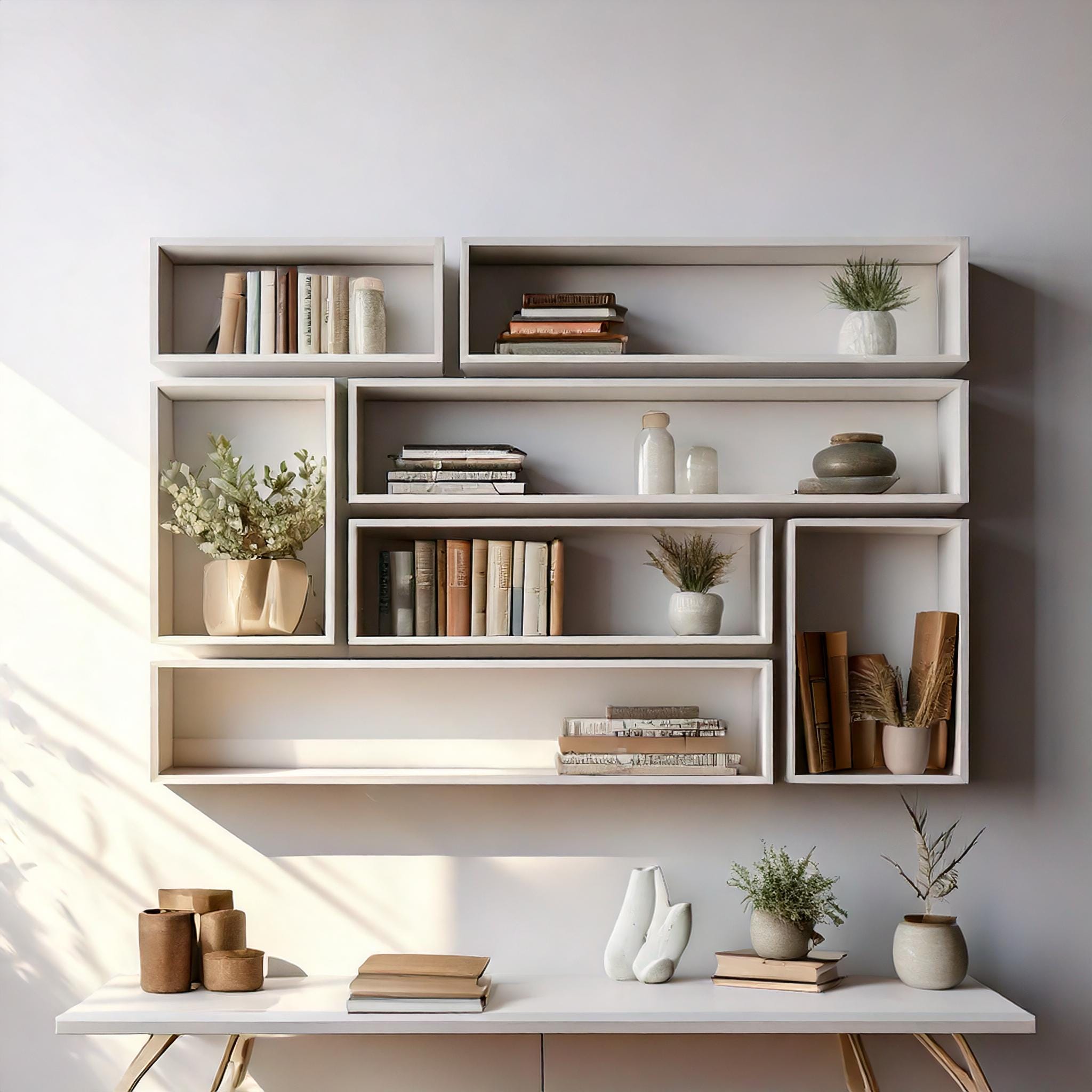 Libreria galleggiante asimmetrica Floating Shelves, libreria moderna modulare per soggiorno