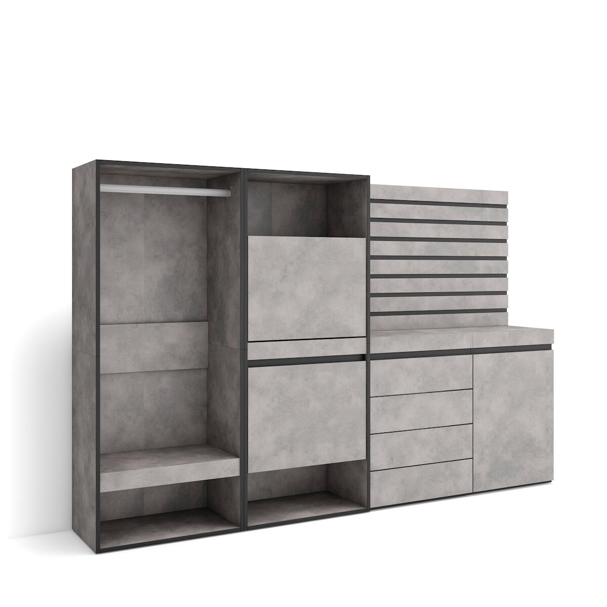 SKRAUT HOME Schuhschrank, Platzsparender Schrank, 227x35x145 cm, Schlafzimmer, Offener Schrank, Schubladen, Dekorative Paneele, Zementgrau _ 460_31 Image