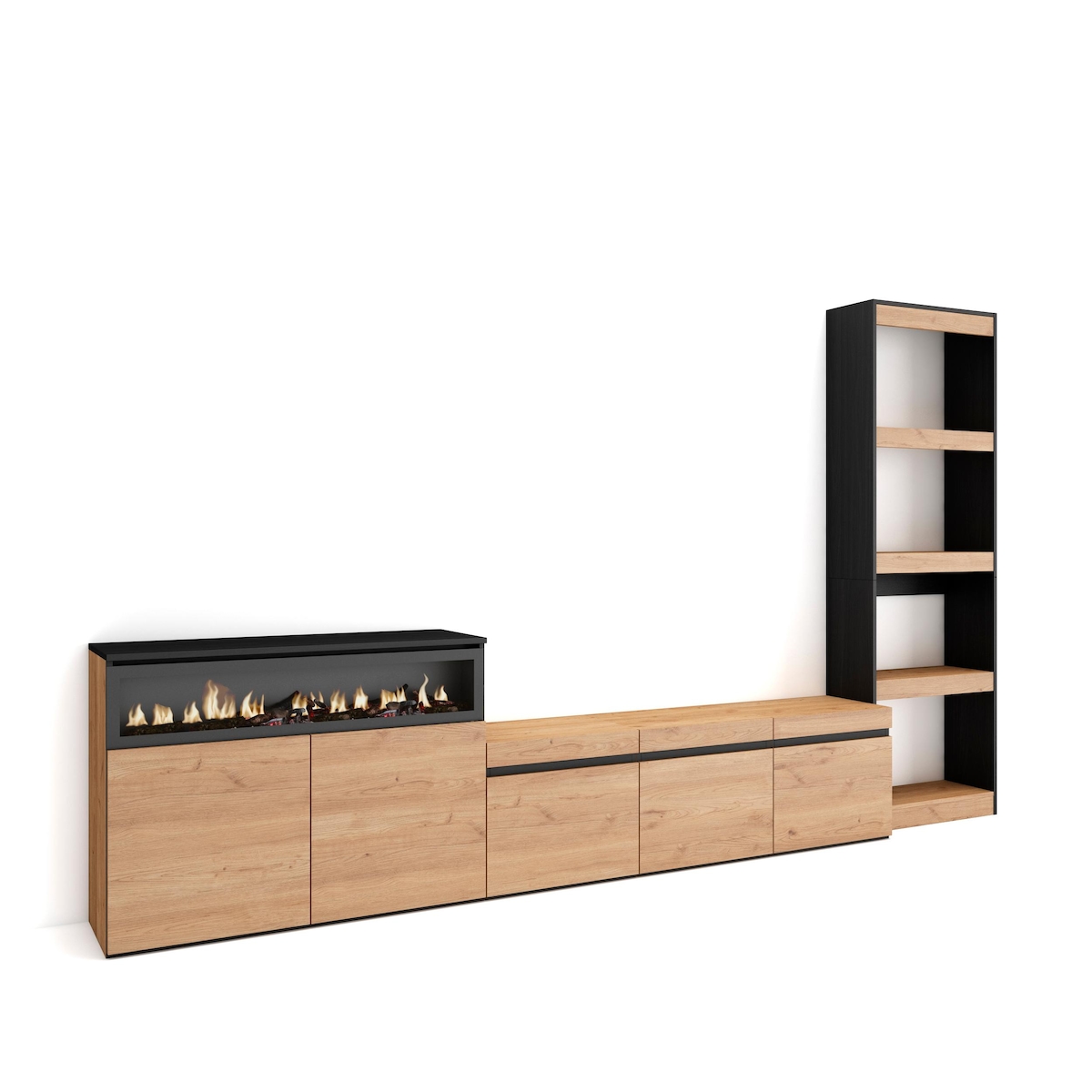 SKRAUT HOME Wohnzimmer-TV-Schrank, Wohnzimmer-Wandsystem, 310x35x186cm, Für TV-Geräte bis 65“, Elektrischer Kamin, Moderner Stil, Eiche und Schwarz _ 100_2 Image