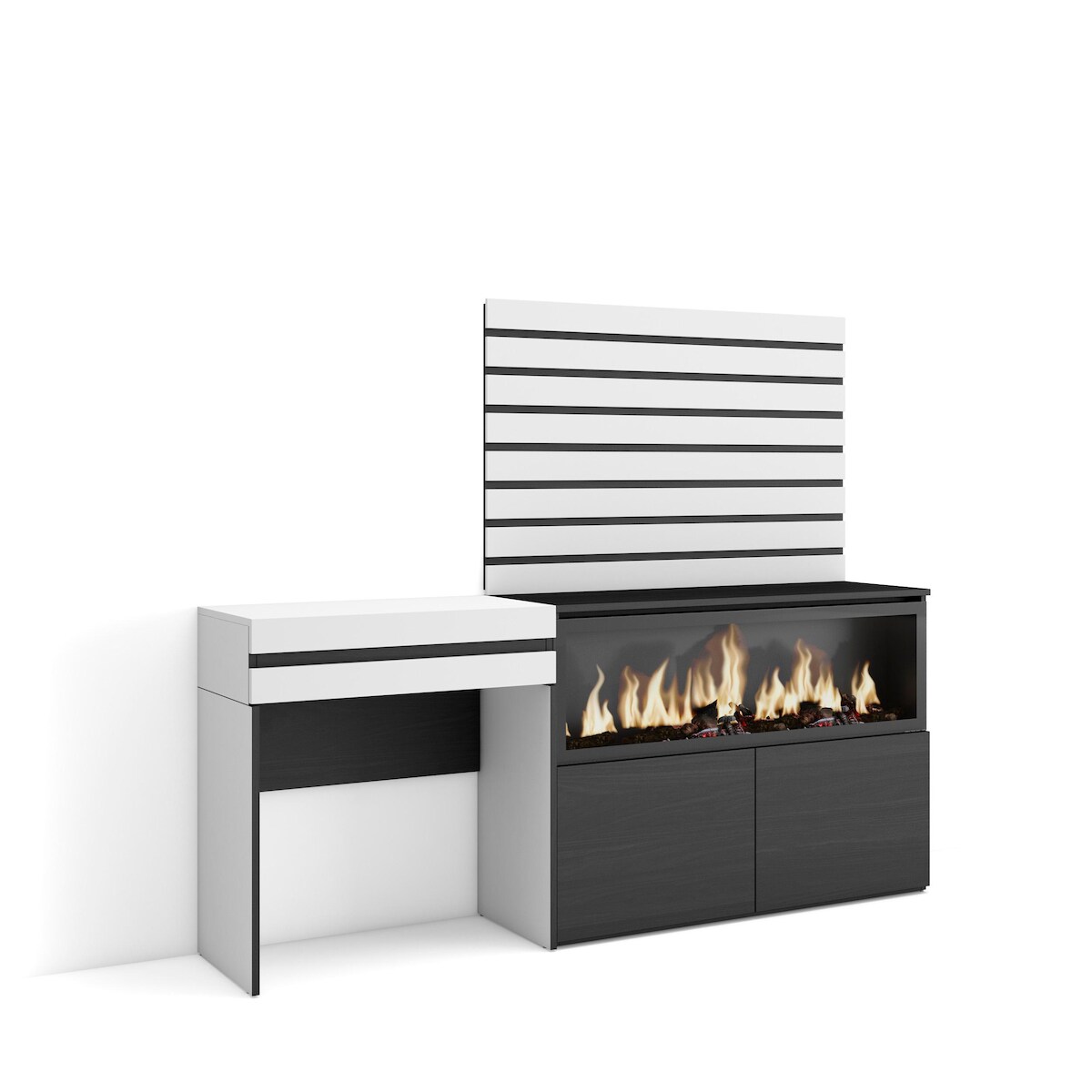 SKRAUT HOME Frisiertisch, Schminktisch, Ablage, 177x35x145 cm, Mit Schublade, XXL Elektrokamin, Dekorative Paneele, Moderner Stil, Weiß _ 453_50 Image