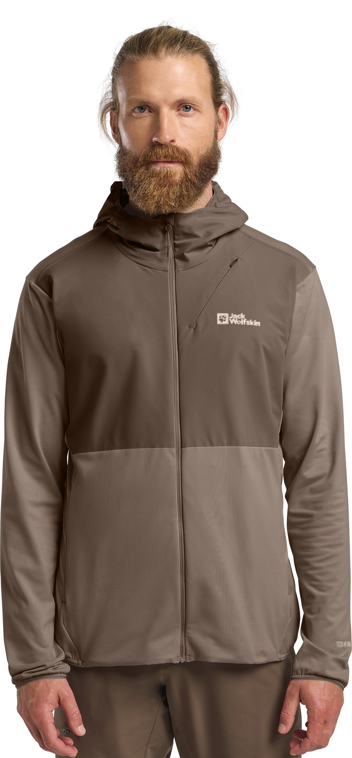 Kapuzenfleecejacke JACK WOLFSKIN "PRELIGHT TRAIL HOODY M", Herren, Gr. L (52), braun (cold, coffee), Obermaterial: 84% Polyester, 16% Elasthan; Futter: 100% Polyester, Jacken