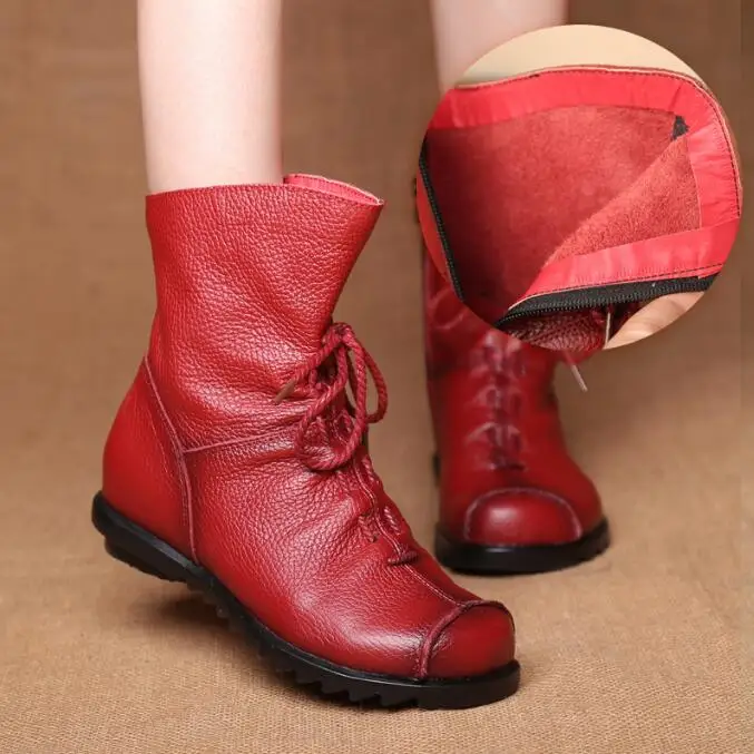 Stivali da donna in vera pelle stile Vintage stivaletti piatti scarpe da donna in morbida pelle bovina stivaletti con Zip laterale per donna zapatos