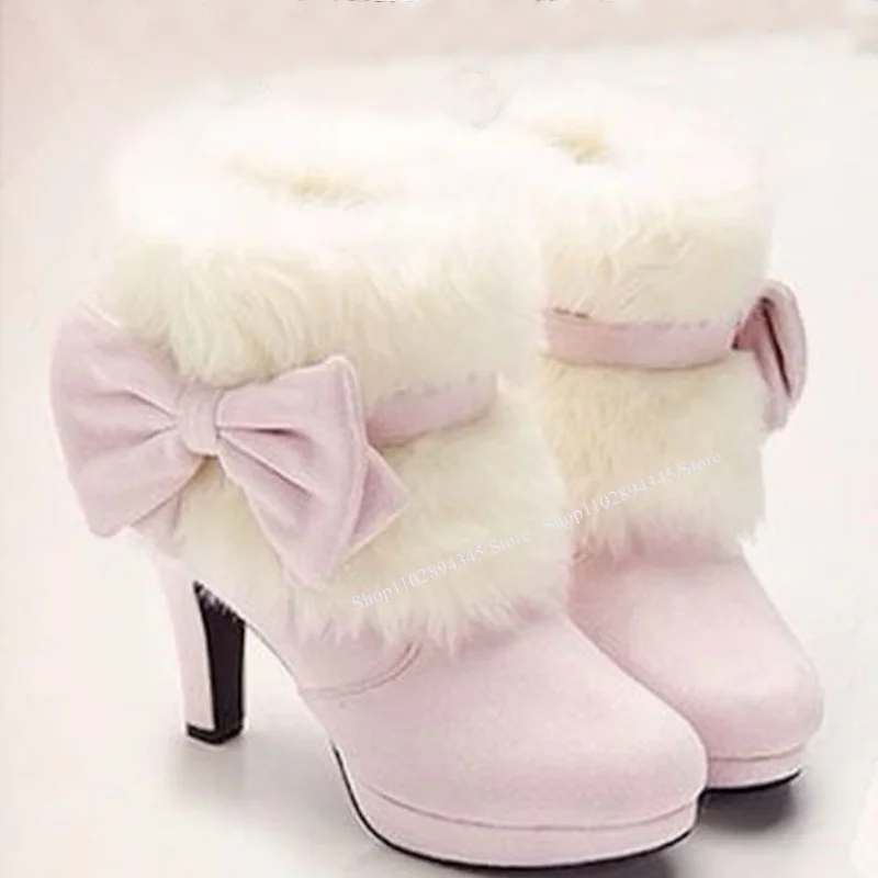Rosa Pelz Warme Bogen Knoten Stiefel Dünne High Heel Runde Kappe Mode Sexy Kühlen 2025, Winter Große Größe Frau Schuhe Zapatillas Mujer