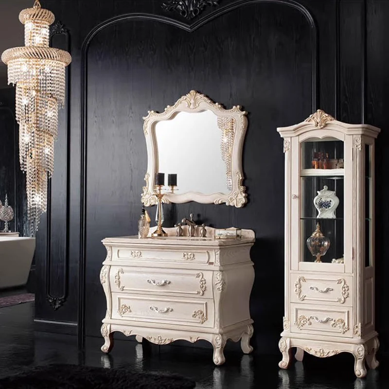 Mobile da bagno europeo in rovere, lavabo in legno massello, combinazione di mobili da bagno in stile francese, mobili Mobiletto Bagno