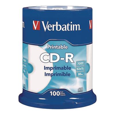 Verbatim CD-R Printable Recordable Disc, 700 MB/80 min, 52x, Spindle, 100/Pack, White (VER98493)