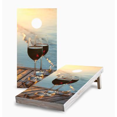 Sunset Red Wine on the Beach Corn Hole Board Set with Hole Lights