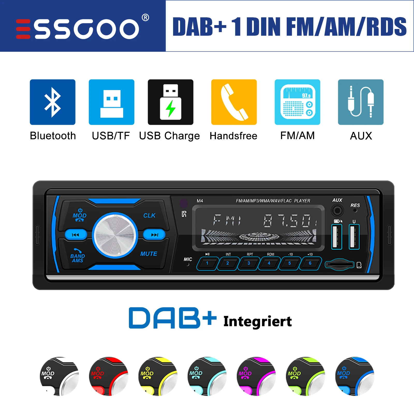 ESSGOO Autoradio-Kopfeinheit mit DAB+, integrierter AM FM RDS USB AUX-in SD Bluetooth Single 1 DIN Remote MP3-Player Image