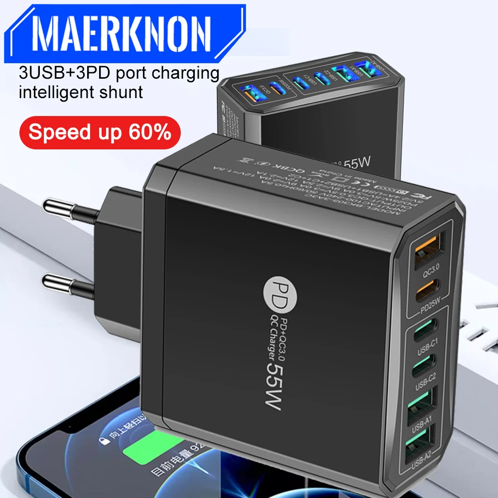 55 W PD USB-Ladegerät mit 6 Anschlüssen, Schnellladung für iPhone, Samsung, Huawei, Xiaomi, Handy-Ladeadapter, Reise-EU/US-Stecker Image
