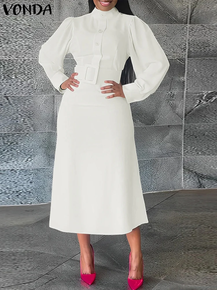 Plus Größe 5XL VONDA Frauen Elegante Kleid 2024 Langarm Büro Sommerkleid Einfarbig Übergroßen Vesitido Casual Stehkragen Robe