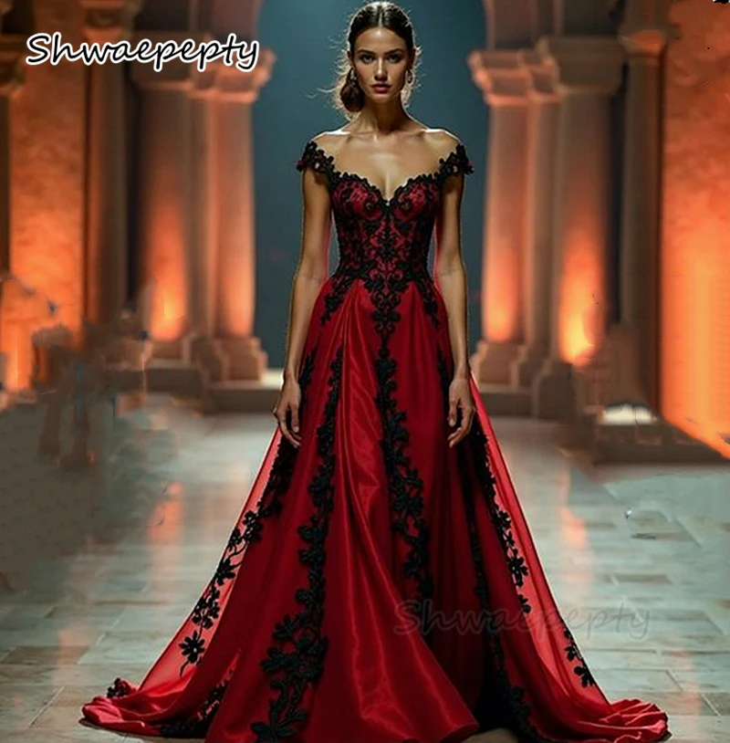 Schwarze und rote Gothic-Hochzeitskleider, Spitzenapplikationen, kurze Ärmel, lange A-Linie, Vintage-Brautkleider 2025, maßgeschneidertes Vestido