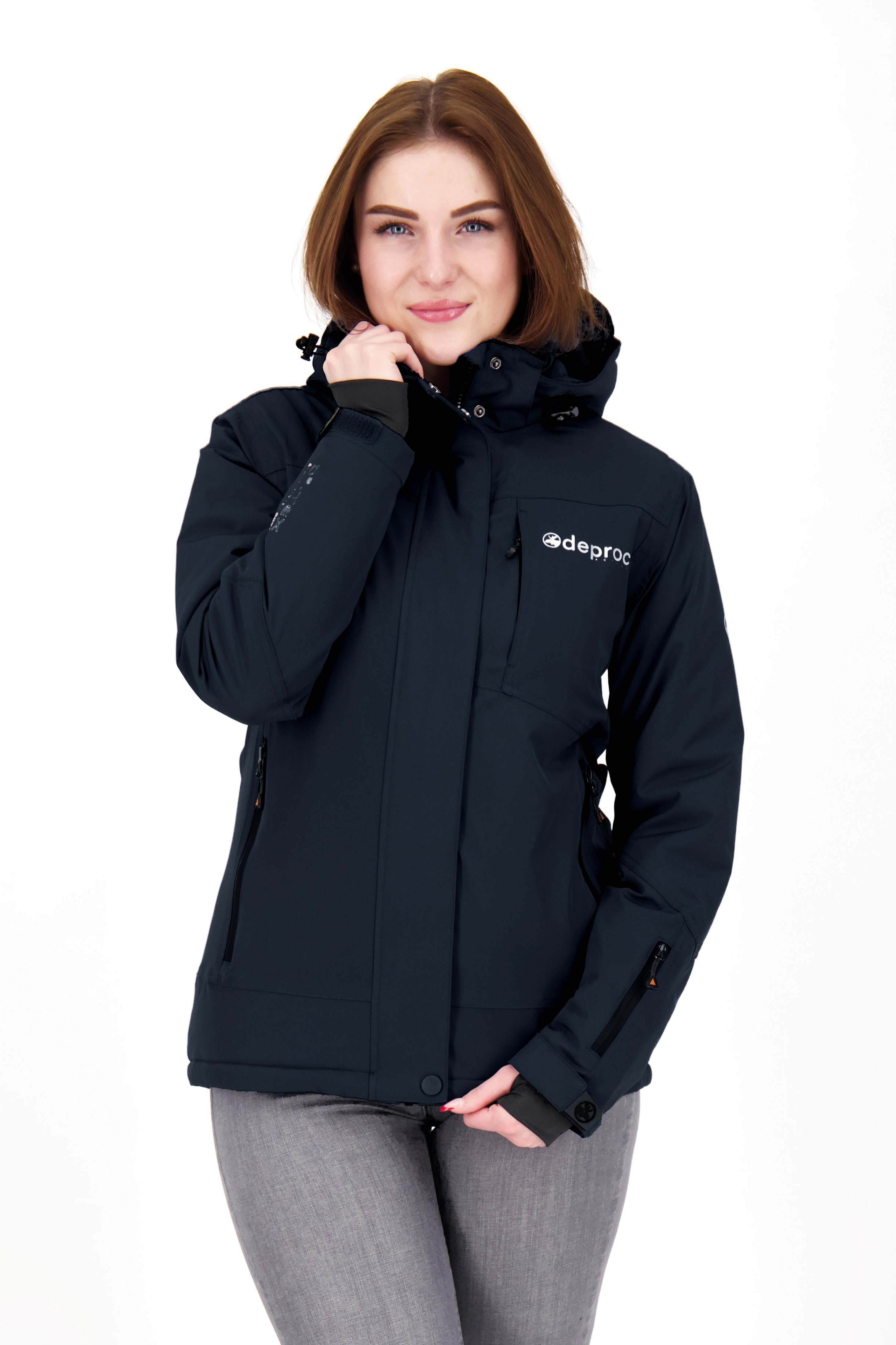 Winterjacke DEPROC ACTIVE "MONTREAL WOMEN", Damen, Gr. 52 (XXL), blau (schwarz navy), 96% Polyester; 4% Elastan, Windstopperbündchen mit Daumenlöchern,mit Schneefang,mit verstellbarem Klettverschluss, Jacken Winterjacke, auch in Großen Größen...