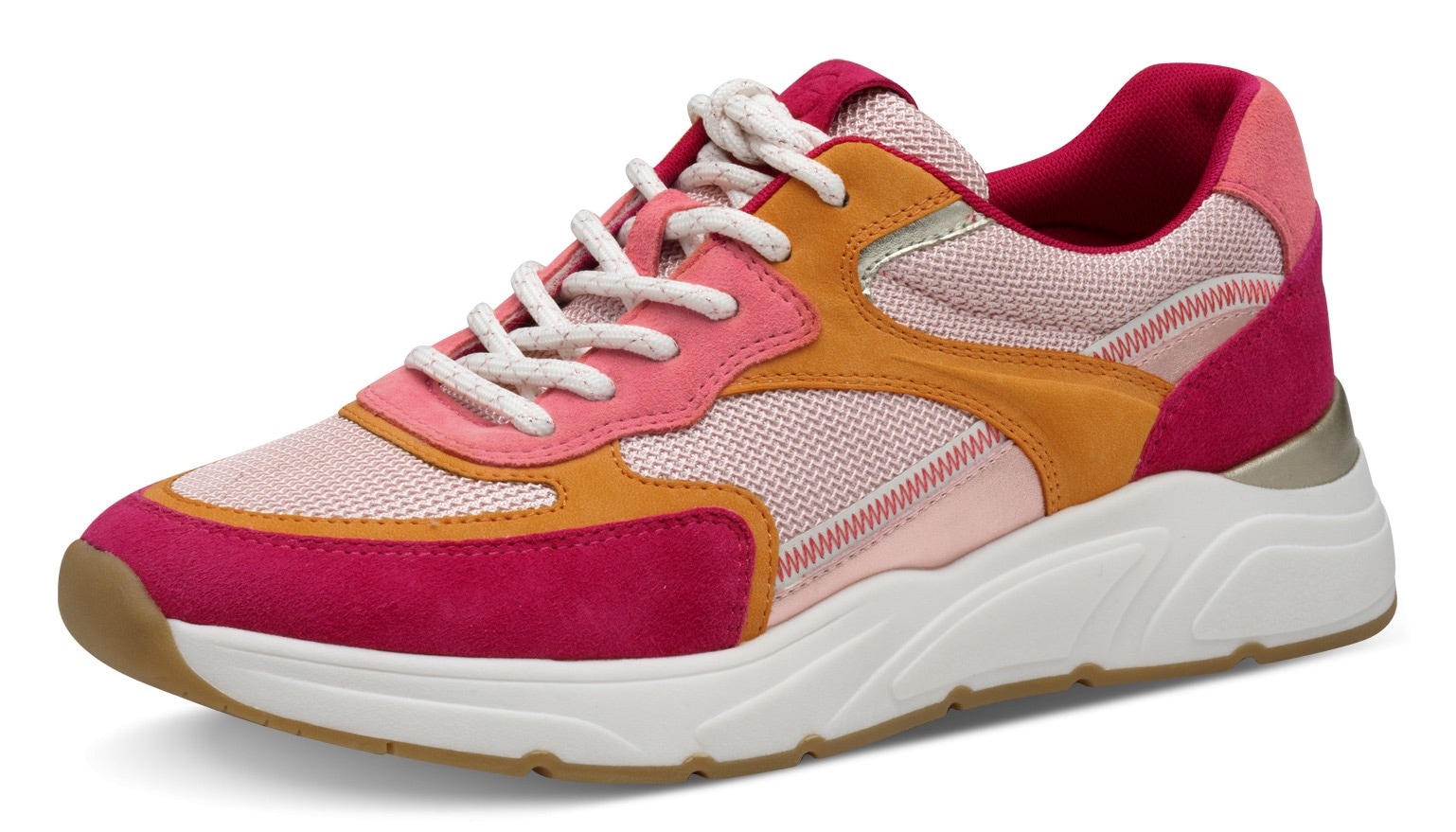 Plateausneaker TAMARIS, Damen, Gr. 36, pink (fuchsia kombiniert), Leder, Lederimitat, Textil, kontrastfarbene Details, Schuhe Plateausneaker, Freizeitschuh, Halbschuh, Schnürschuh mit gepolstertem Schaftrand