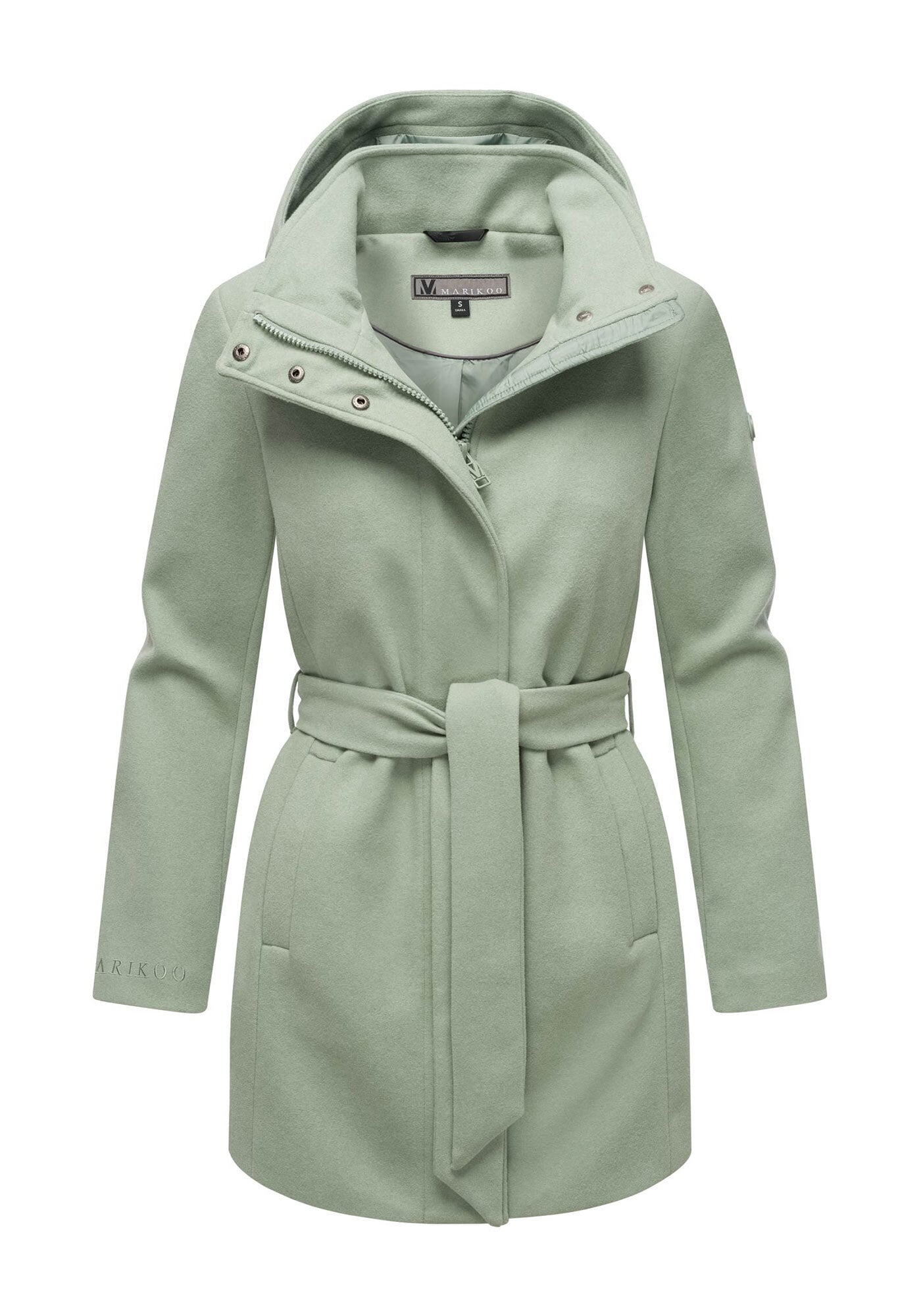 Kurzmantel MARIKOO "Katalinaa", Damen, Gr. XXL, grün (smokey mint), 90% Polyester, 10% Viskose, Mäntel Kurzmantel, Eleganter Wickel Mantel mit Taillengürtel und Oversized Hood Kapuze