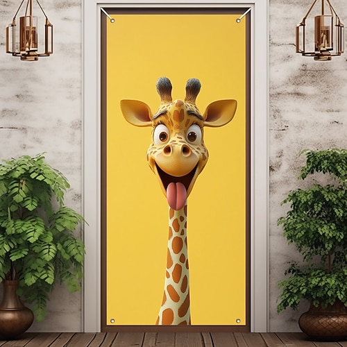 Lustige Tier Türdekorationen Türabdeckungen Giraffe Tür Wandteppich Türvorhang Dekoration Fotohintergrund Innen/Außen Türbanner für Haustür Bauernhaus Image