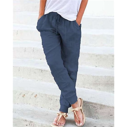 Damen Kunstbaumwollleinen Tapered Hose Mode Streetwear Komfort Volle Länge Hohe Taille Einfach Kordelzug Tasche Elastischer Bund Bequem Außenbereich Straße Alltagskleidung Ausgehen Gelb Himmelblau Image