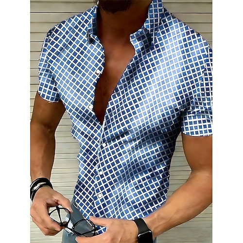 Herren Hemd Sommerhemd Freizeithemd Strandhemd Knopfhemd Schwarz Weiß Rote Blau Grün Kurzarm Geometrisch Argyle Revers Urlaub Hawaiianisch Knöpfe Bekleidung Polyester Mode Lässig Bequem Image