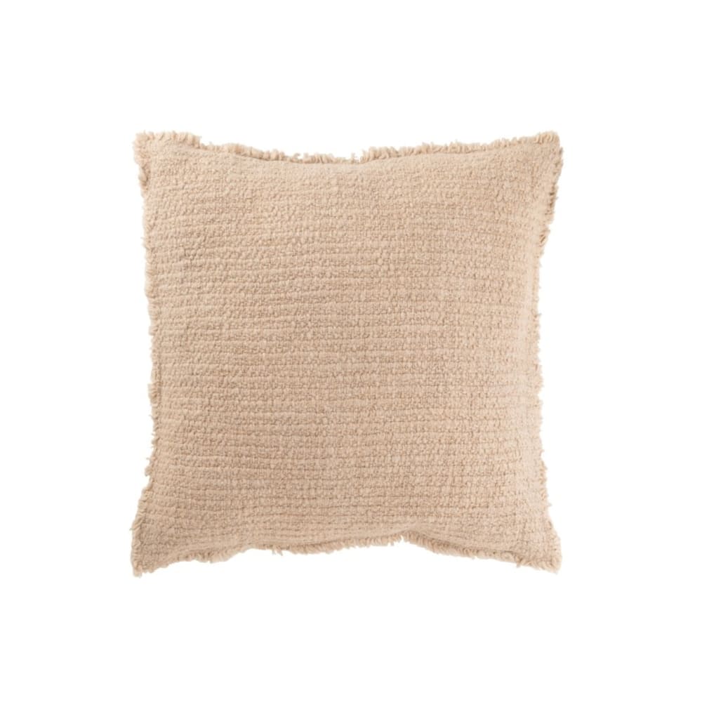 Coussin carré bords effilochés en polyester beige 50x50x12cm