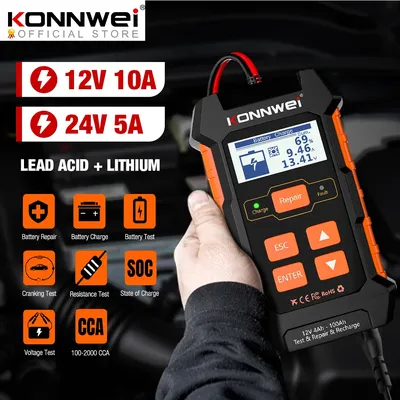 KONNWEI KW520 12V 10A 24V 5A Automatic Car Truck Battery Tester Charger Lead Acid Car Battery Pulse