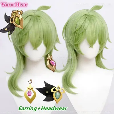 New! Collei Cosplay Wig Anime Short 45cm Grass Green Wig Cosplay Anime Wig Earring Heat Resistant