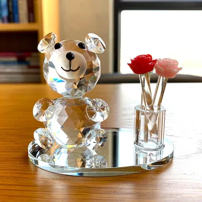Crystal Bear with Flower Craft Paperweight Glass Animal Figurine Beautiful Ornament Handmade Small