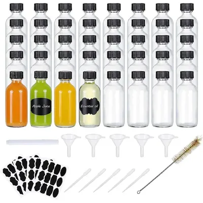 30/60ml Small Glass Bottles with Airtight Lids Clear Sample Boston Bottle/Vials/Containers for Juice