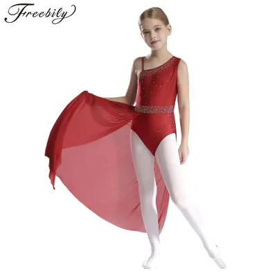 Children Ice Skating Bodysuit Sheer Mesh Skirted Leotard Lyrical Dance Costume Kids Girls Gymnastics