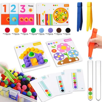 Counting Pompoms with Matching Sorting Cards Preschool Math Learning STEM Education Fine Motor Skill