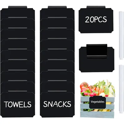 12/20 Basket Labels Clip On, Reusable Labels for Storage Bins, Removable Chalk Labels with 2 White