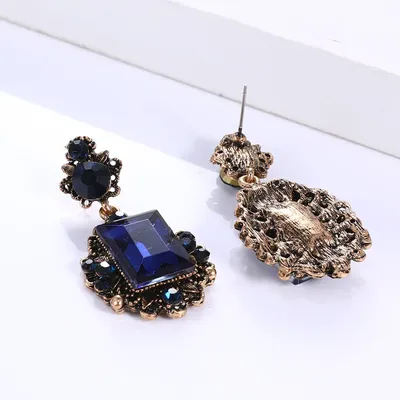 Victorian Costume Jewelry Wholesale Vintage Gold Color Metal Dark Blue Rhinestone Crystal Statement